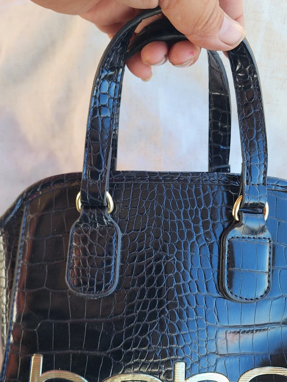 bebe Black Croc-Embossed Patent Satchel with Silver Logo